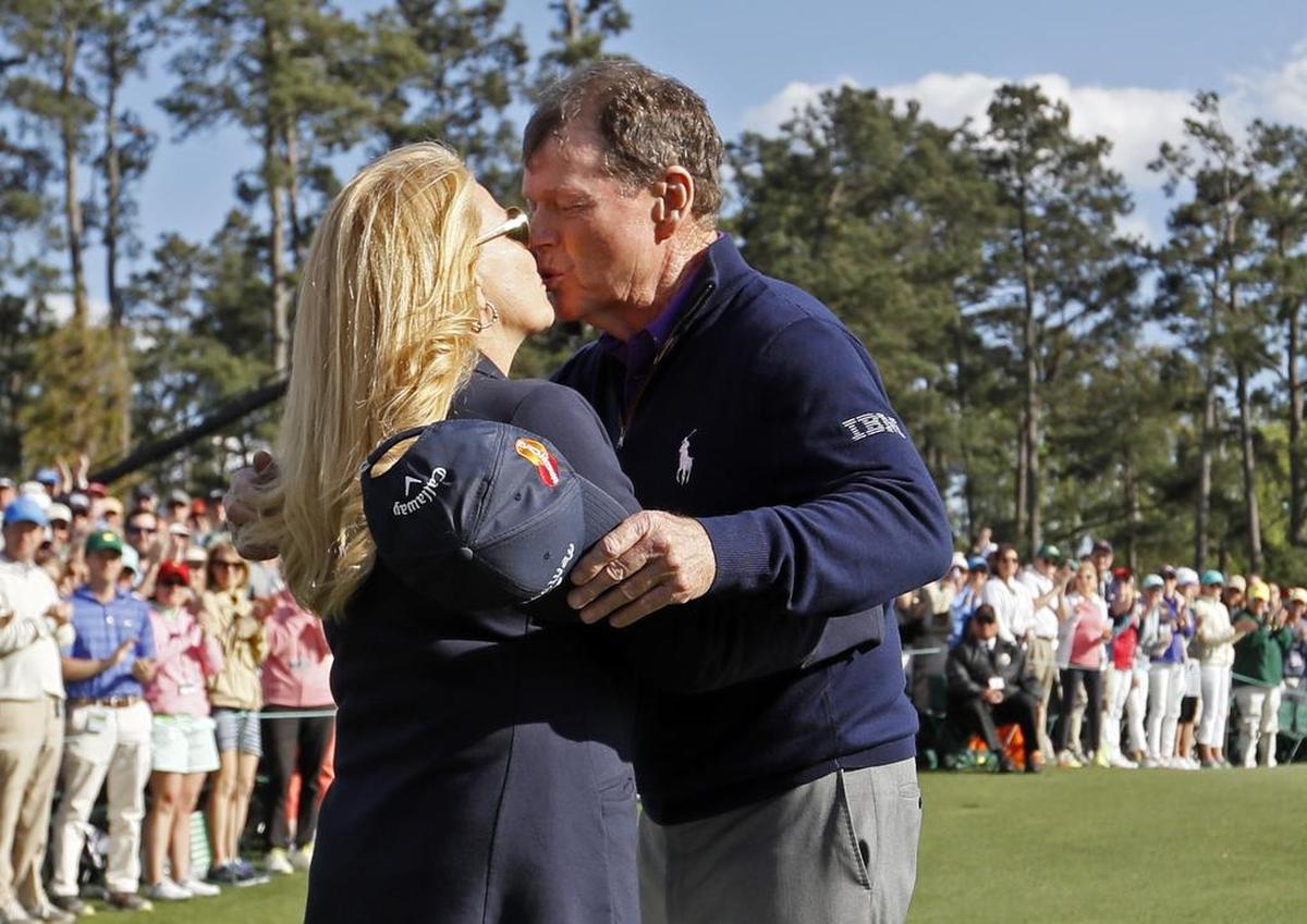 Tom Watson kisses his wife, Hilary, on the 18th hole after playing his last round at the Masters in 2016. Hilary died Thanksgiving eve, 2019, of pancreatic cancer.