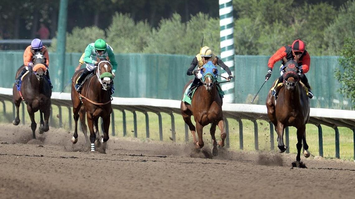 Silvio Amador rides Pequena Maty to the win in Race 3 on opening day for The Big Fresno Fair’s live horse racing meet Thursday, Oct. 5, 2017.