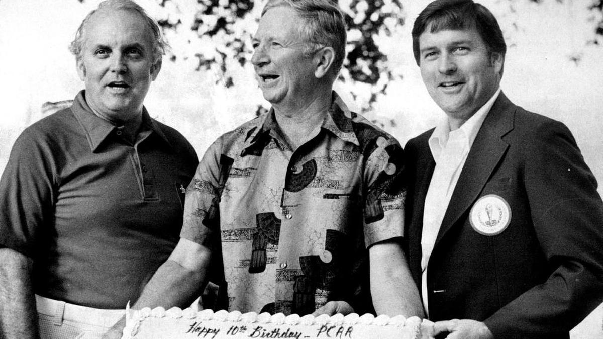 Former Fresno State athletics director Gene Bourdet is flanked by Frank Bowman of Long Beach State, left, and Pacific Coast Athletic Association commissioner Lew Cryer, right, celebrating the 10th year of the conference.