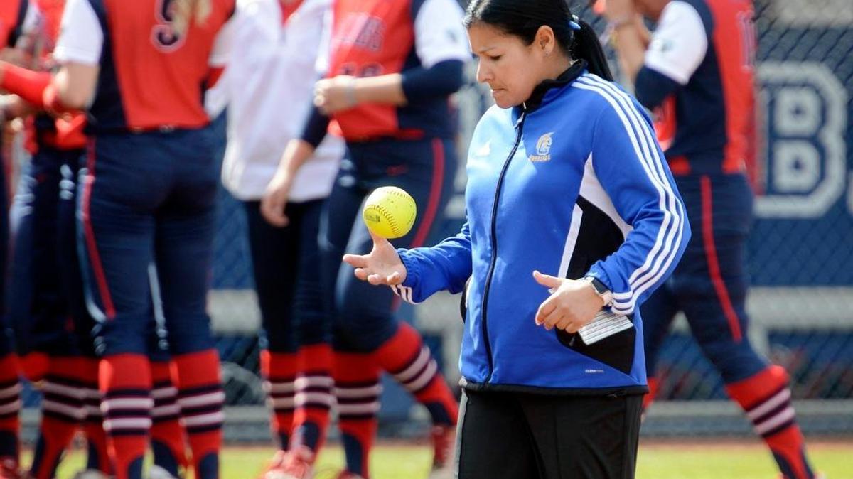 UC Riverside coach Linda Garza, who starred as a player at Hoover High and UNLV, coaches the team during its game against Fresno State in the annual Fresno State Kick-Off Tournament Feb. 21, 2016, at Margie Wright Diamond.