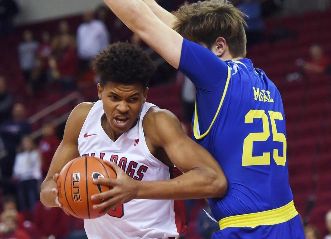 Fresno State forward Orlando Robinson makes a move on UC Riverside center Callum McRae in the Bulldogs’ 60-57 loss to the Highlanders Saturday, Dec. 28, 2019 in Fresno. Robinson scored a career-high 27 points in the loss with five rebounds, two assists, five blocked shots and one steal.