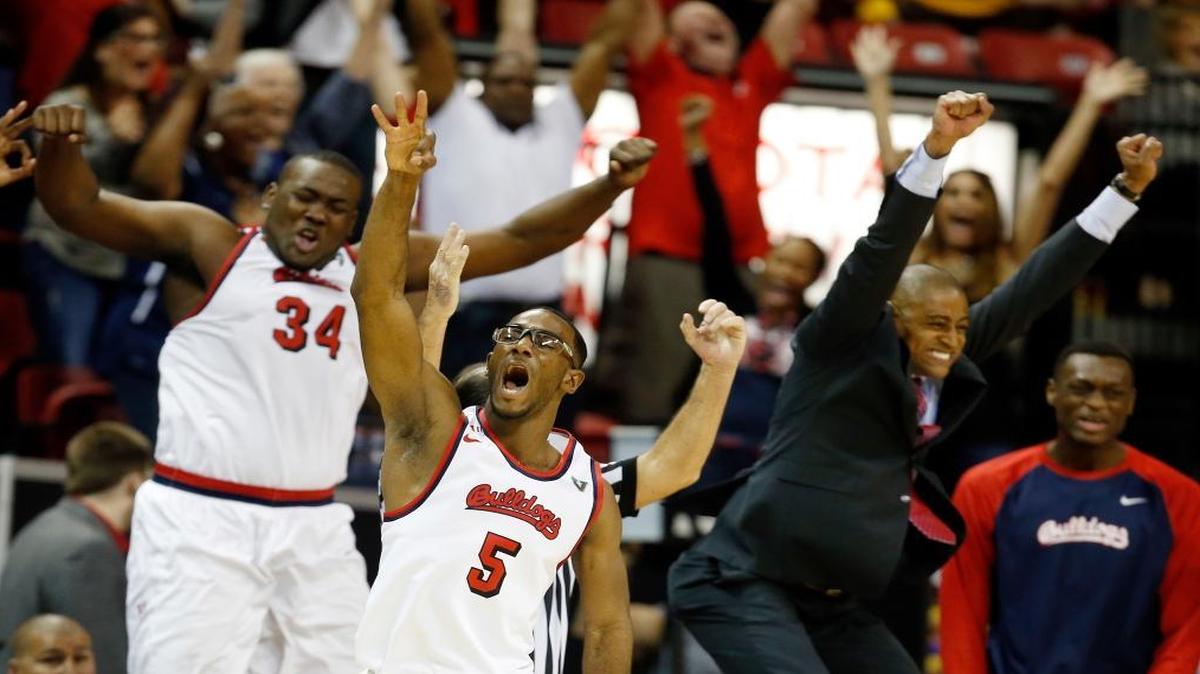 Fresno State's Jahmel Taylor reacts after sinking a 3-pointer in the final moments against New Mexico at the Mountain West Conference Tournament on Thursday, March 9, 2017, in Las Vegas. Fresno State won 65-60 to advance to a Friday semifinal against top-seeded Nevada.