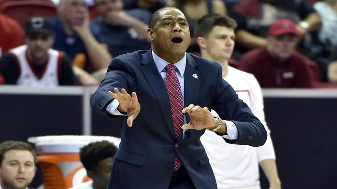 Fresno State coach Rodney Terry calls to his team during the second half of an NCAA college basketball game against in the semifinals at the Mountain West Conference tournament Friday, March 11, 2016, in Las Vegas. Fresno State won 64-56 to reach the tournament championship against San Diego State.