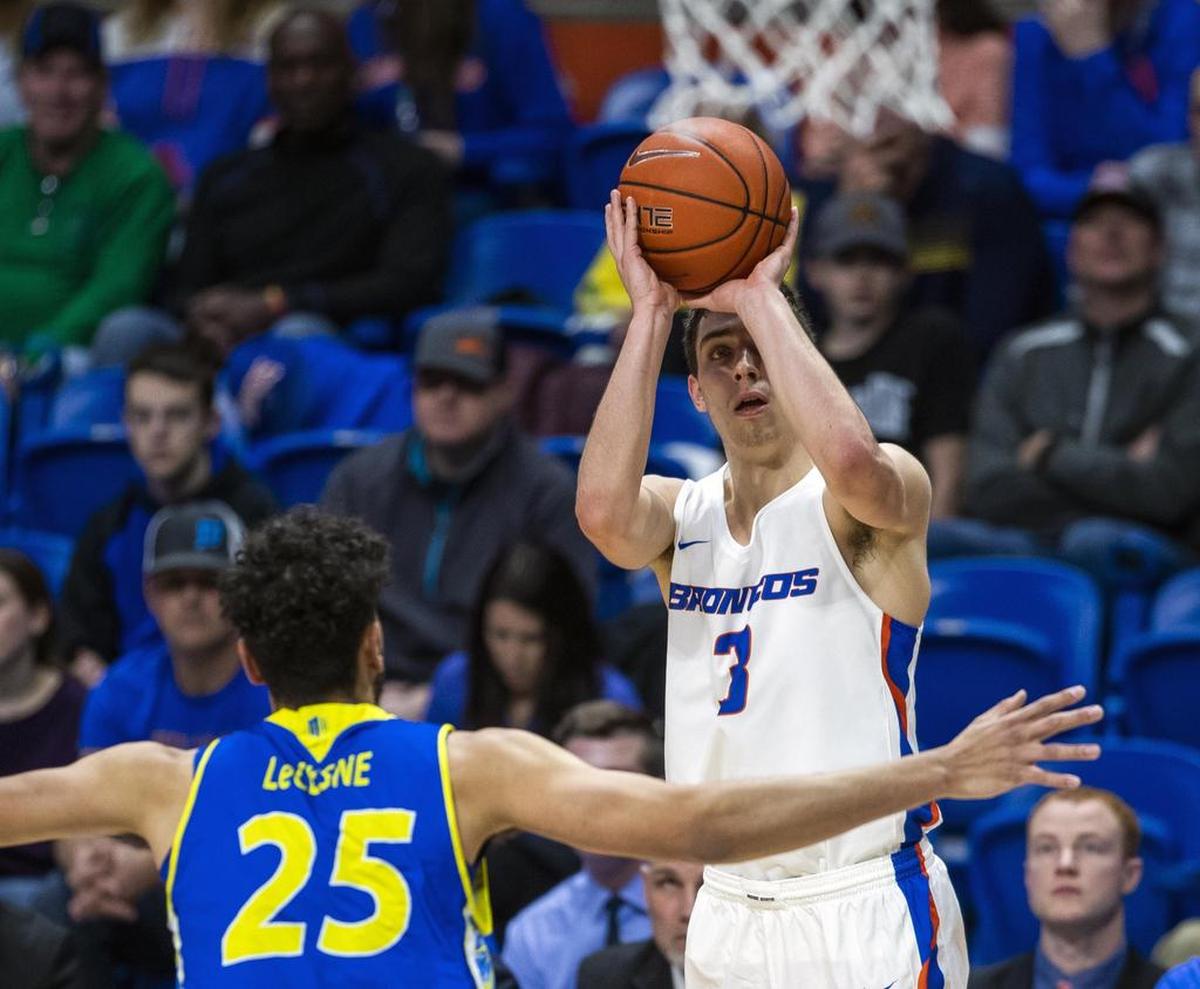 Boise State guard Justinian Jessup hits a 3-pointer guarded by San Jose State’s Craig Lecesne in the second half of the Broncos 105-57 victory Saturday, Feb. 9, 2019 at Taco Bell Arena in Boise. The Broncos hit 15 3-pointers in the win.