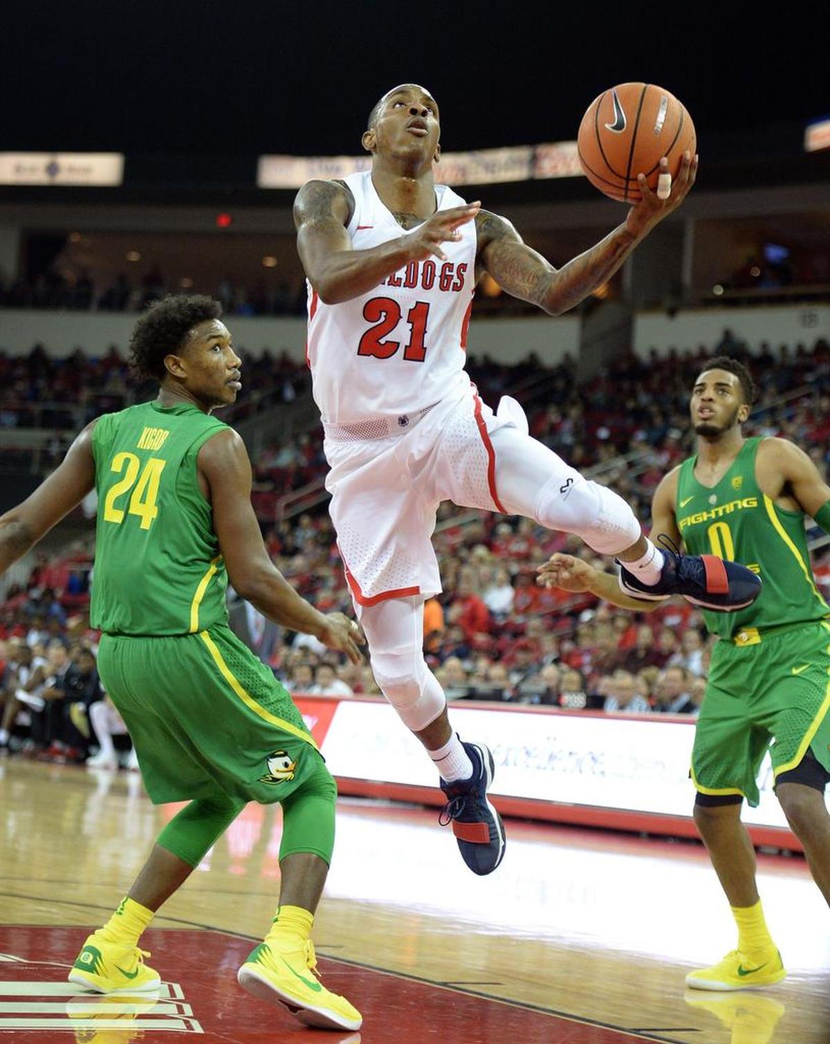Fresno State guard Deshon Taylor, center, scored 12 points with two rebounds and one assist in the Bulldogs loss to San Diego State in the quarterfinal round of the Mountain West Tournament in Las Vegas in Thursday, March 8, 2018.