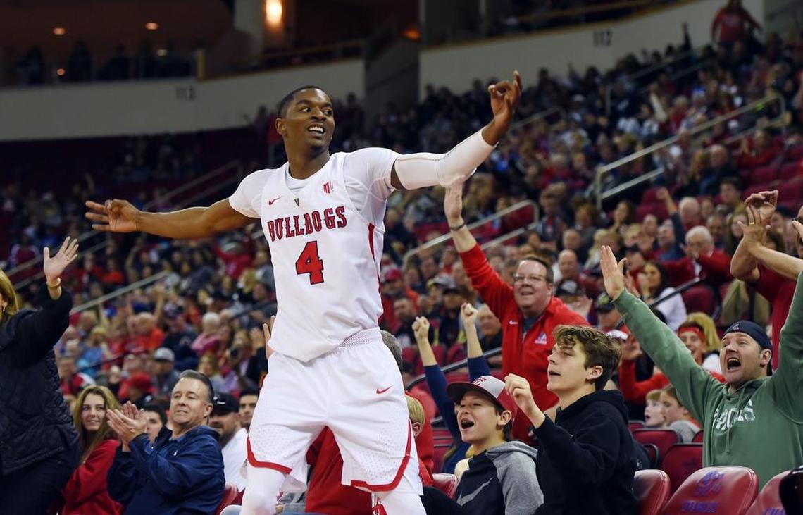 Fresno State guard Braxton Huggins celebrates after hitting a 3-point basket in the Bulldogs’ 121-81 victory over San Jose State’s Saturday, March 9, 2019 in Fresno. Huggins hit a school-record 10 threes in scoring a career-high 34 points in the victory.