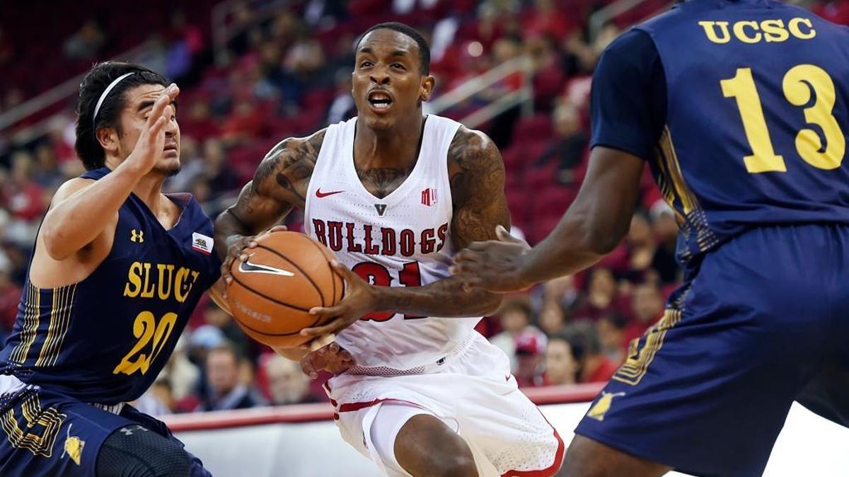 Fresno State guard Deshon Taylor hit 7 of 11 shots and scored a game-high 23 points to lead the Bulldogs to a 79-73 victory over George Mason in a third-place game in the Riviera Division at the Cancun Challenge on Wednesday, Nov. 22, 2017. Taylor, seen here in an earlier game against UC Santa Cruz, also had three assists and one steal.