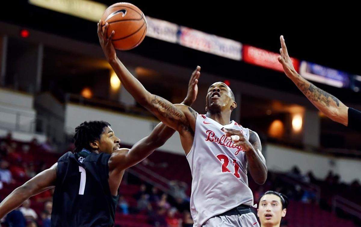 Fresno State guard Deshon Taylor led the Bulldogs with 22 points in a 77-73 victory at San Diego State on Jan. 17, 2018 at Viejas Arena in San Diego. Taylor hit 7 of 14 shots inclduing 2 of 4 at the 3-point line and also had five rebounds and three assists.