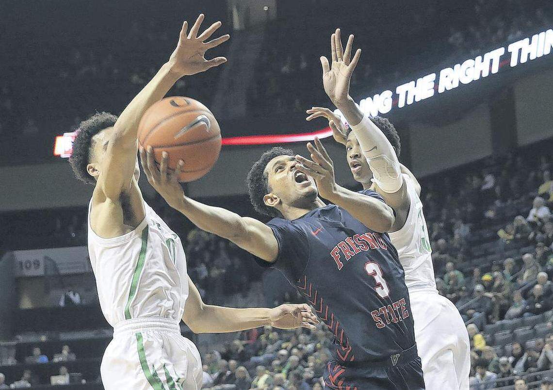 Fresno State freshman guard Jarred Hyder, center, had a stretch of three straight 20-point games this season but fell off when Noah Blackwell returned to the lineup.