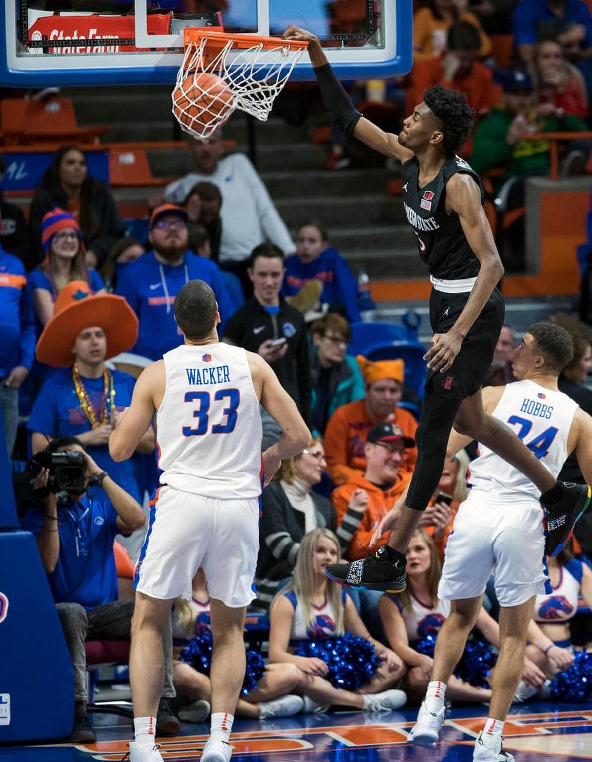 San Diego State forward Jalen McDaniels dunks against Boise State. McDaniels leads the Aztecs with averages of 16.4 points and 8.2 rebounds per game.