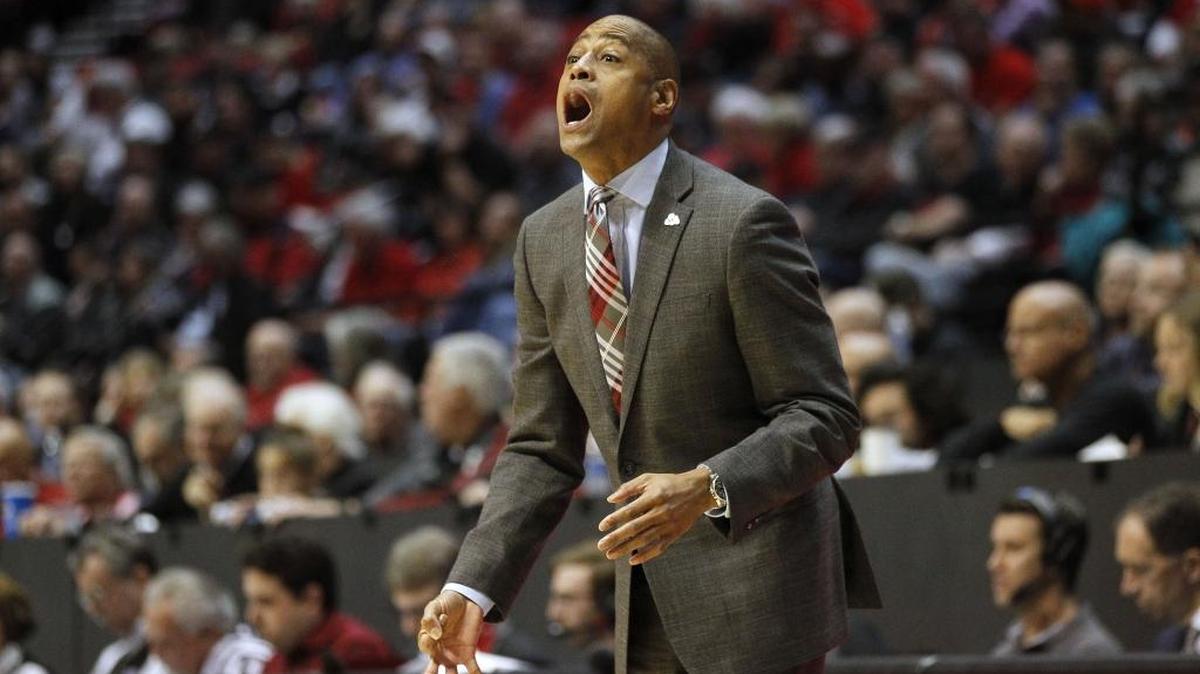 Fresno State coach Rodney Terry calls out to his players during the first half against San Diego State at the Viejas Arena in San Diego on Wednesday, Jan. 17, 2018. The Bulldogs came from 10 points down in the second half to win 77-73