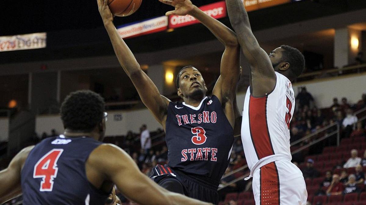 Fresno State could have Paul Watson – shown going up for a layup back against UNLV’s Jordan Cornish on Feb. 6 – back from a calf injury for Wednesday’s game against Air Force at Save Mart Center. Watson has missed the past three games. “There’s a chance he could get some minutes here or there,” Bulldogs coach Rodney Terry said.