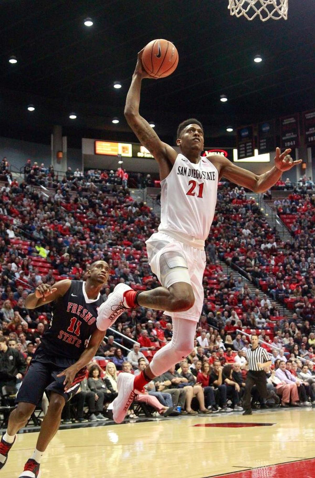 San Diego State’s Malik Pope goes up for a dunk during the first half of a 77-73 loss to Fresno State at the Viejas Arena in San Diego on Wednesday, Jan. 17, 2018. The Aztecs scored 11 of their first 13 baskets on layups and dunks.