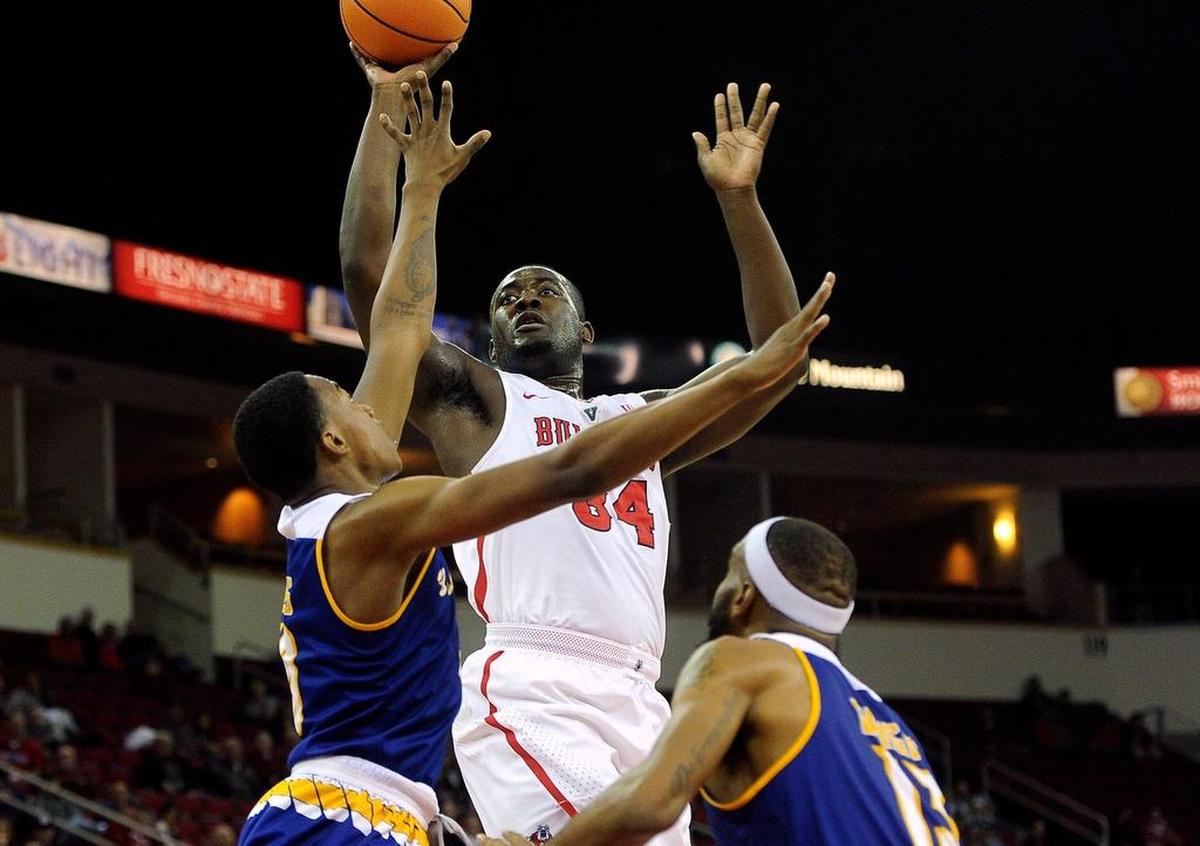Fresno State center Terrell Carter II, center, came off the bench to give the Bulldogs 10 points, seven rebounds, one steal and two blokced shots in 27 minutes of a 95-86 loss at New Mexico, Saturday, March 3, 2018. The 27 minutes were one off a season high for Carter.