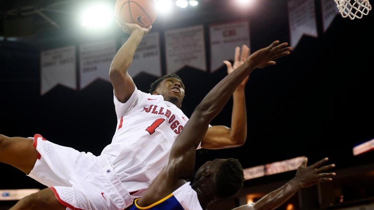 Fresno State point guard Jaron Hopkins collides with Cal State Bakersfield’s Fallou Ndoye on a drive to the basket during the Bulldogs’ 70-55 victory Tuesday, Dec. 5, 2017 in Fresno. Hopkins has missed the past four games with a back injury.