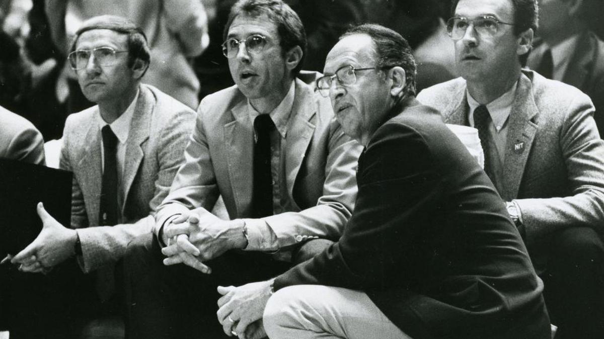 The last time Fresno State held opponents to under 65 points in six straight games was in the 1985-86 season, Boyd Grant’s last with the Bulldogs. Grant is seen kneeling on the sideline from that era. The current Fresno State team has held five straight opponents to under 65 points.