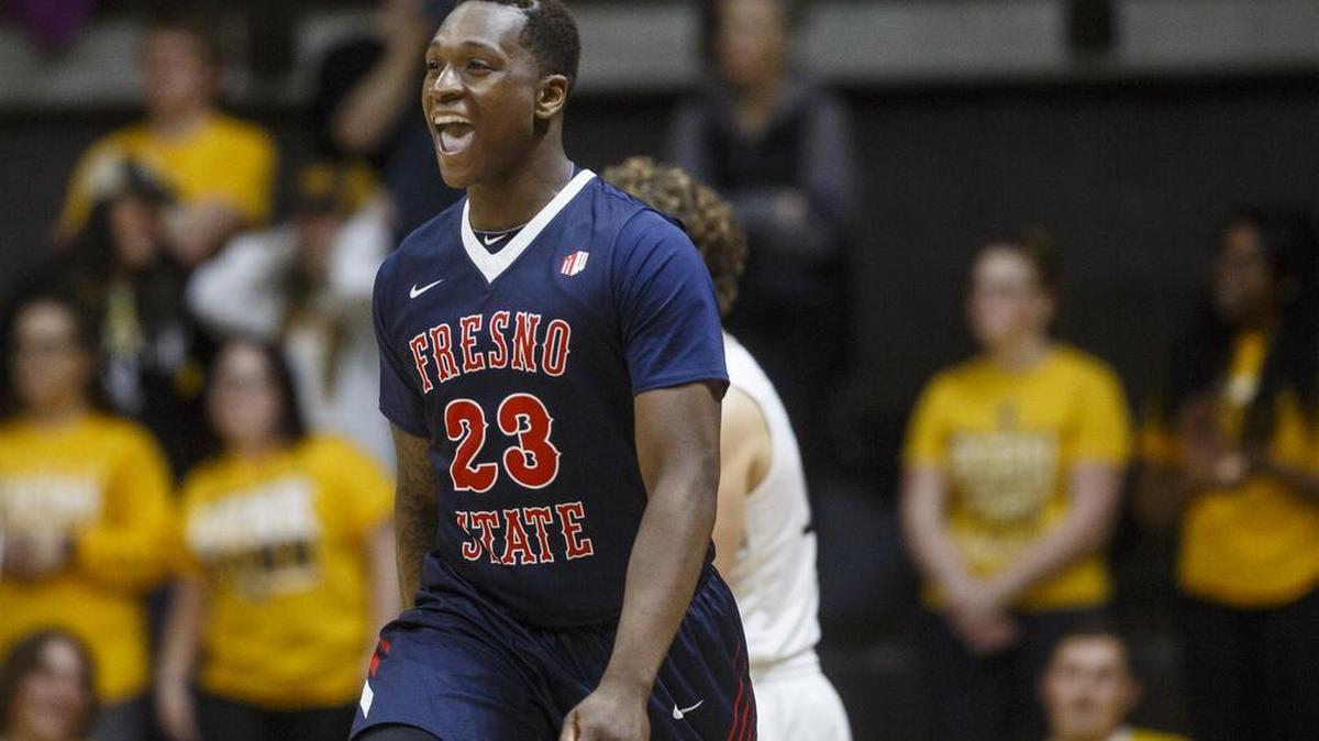 Fresno State guard Marvelle Harris reacts after scoring against Wyoming on Wednesday, Feb. 17, 2016, in Laramie, Wyo. Harris hit seven three-pointers and led the Bulldogs with 20 points in their 79-75 victory.