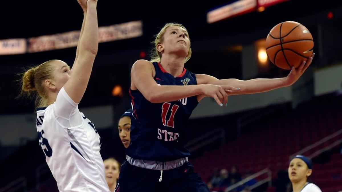 Fresno State forward Maddi Utti, in action last season, scored 25 points on 11-of-16 shooting Tuesday, Nov. 6, but the Bulldogs lost their season-opener 86-73 at Northern Arizona.