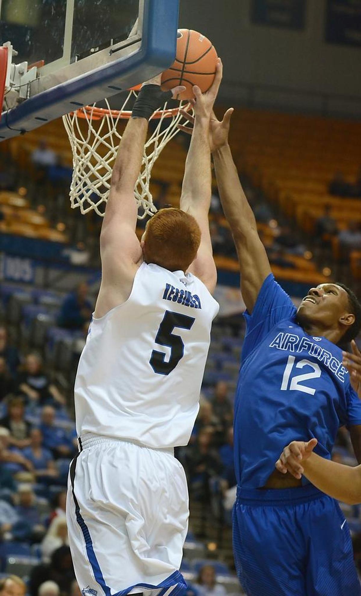 Air Force forward Lavelle Scottie fouls Indiana State’s Bronson Kessinger during the Falcons’ 74-64 loss Wednesday, Nov. 29, 2017, in Terre Haute, Ind. Scottie and forward Ryan Manning are averaging 10.5 points per game for the Falcons, who are 10th of 11 in the Mountain West in scoring at 68.3 points per game.