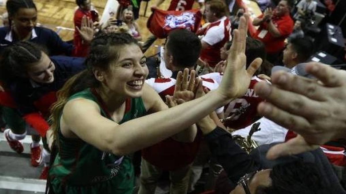 Fresno State center Bego Faz Davalos celebrates with fans after the Bulldogs’ 53-51 victory over UNLV in the Mountain West Conference women’s basketball semifinal Wednesday night, March 8, 2017 in Las Vegas. Fresno State advances to play Boise State for the tournament championship on Friday.