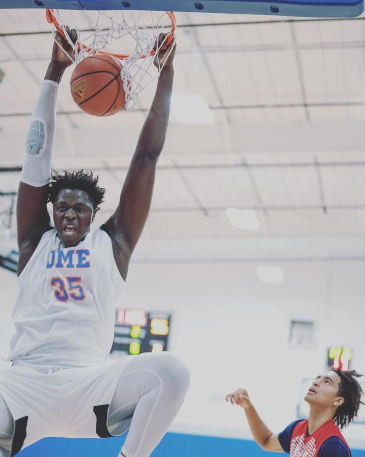 Assane Diouf, a 7-foot-1 17-year-old from Senegal, in action last season for DME Academy in Florida. Diouf was not on campus for the start of fall semester classes on Aug. 23, but is now enrolled in school. A decision on eligibility for a 2018-’19 season is expected in about one week.