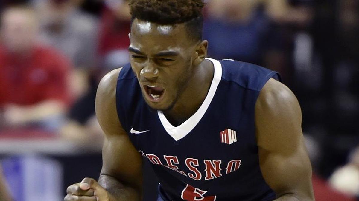 Fresno State’s Jahmel Taylor reacts after a basket in the second half against San Diego State of the Mountain West tournament championship on March 12, 2016, in Las Vegas. Fresno State won 68-63.