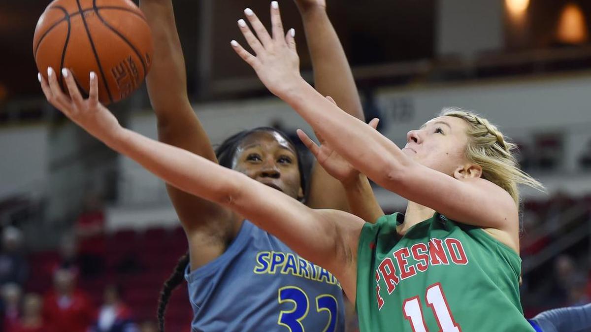 Fresno State’s Maddi Utti, right, in action earlier this season against San Jose State. Utti had 15 points and 14 rebounds against New Mexico on Saturday, Feb. 2, 2019.