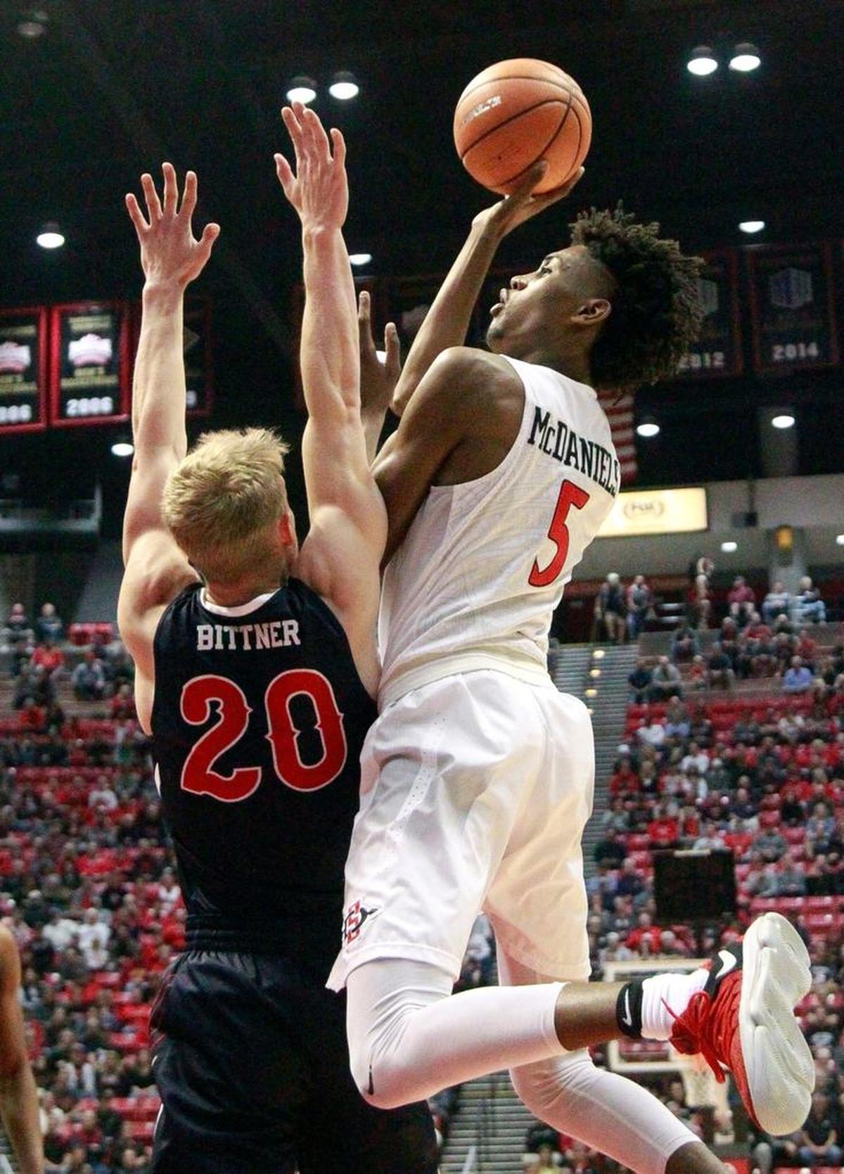 Fresno State forward defends against San Diego State's Jalen McDaniels (5) during the Bulldogs’ 77-73 victory over the Aztecs at the Viejas Arena in San Diego on Wednesday, Jan. 17, 2018.