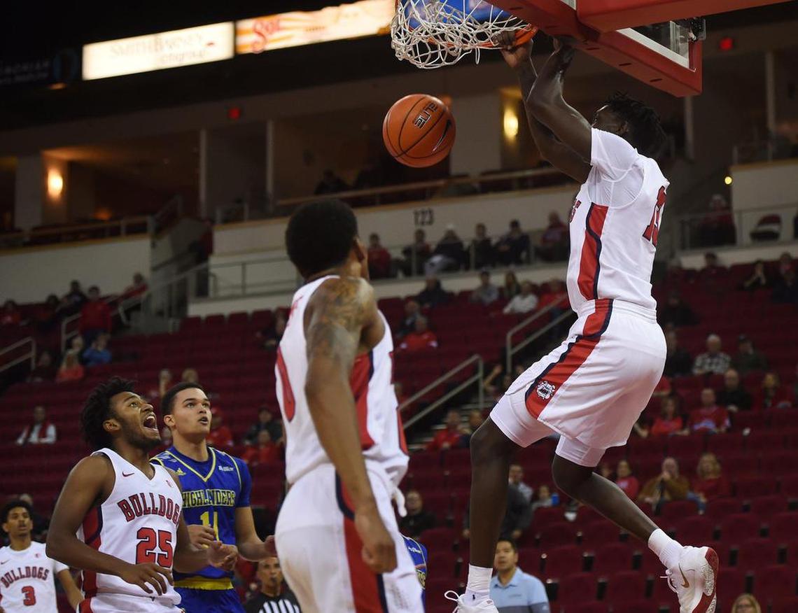 Fresno State’s Aguir Agau dunks in the Bulldogs’ 60-57 loss to UC Riverside Saturday, Dec. 28, 2019 in Fresno. The loss was the Bulldogs’ sixth by six points or less.
