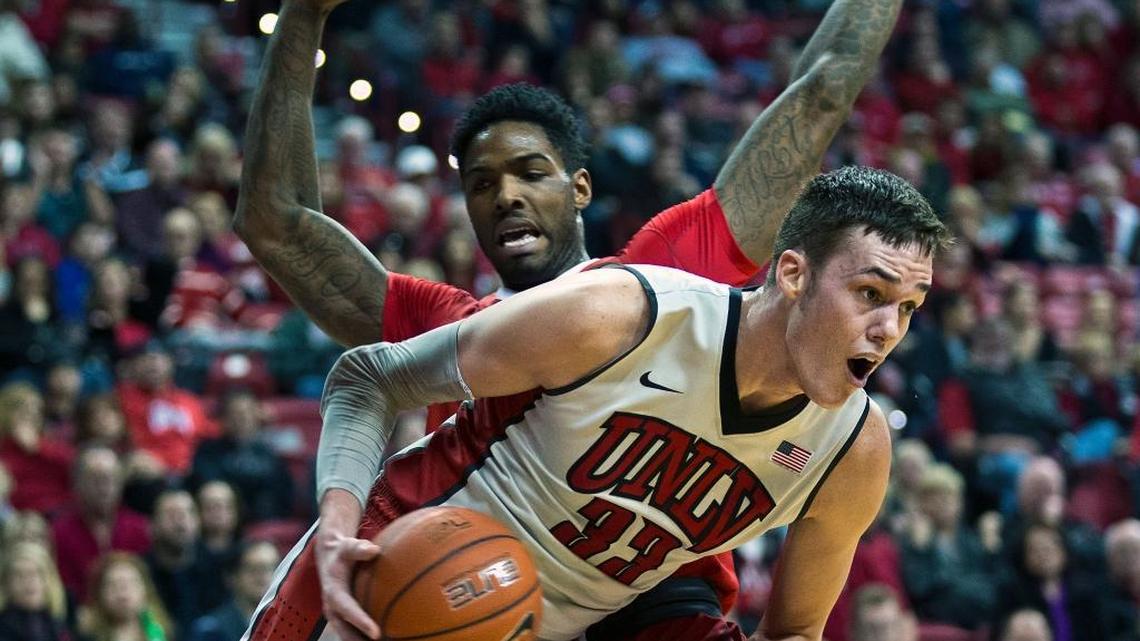 UNLV forward Stephen Zimmerman gets inside of Fresno State forward Torren Jones as he looks for a shot during the teams’ Mountain West opener on Dec. 30. Zimmerman had 10 points and nine rebounds, though the Bulldogs won 69-66. In Saturday’s rematch in Fresno, the Bulldogs will be minus Jones, out with what coach Rodney Terry said was a medical issue.