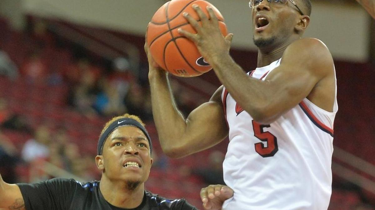 Fresno State’s Jahmel Taylor, right, in a game earlier this season. He scored 17 points on 6-of-6 shooting, part of an impressive team shooting performance Saturday, Dec. 10, 2016 in a 73-59 victory over Cal Poly.