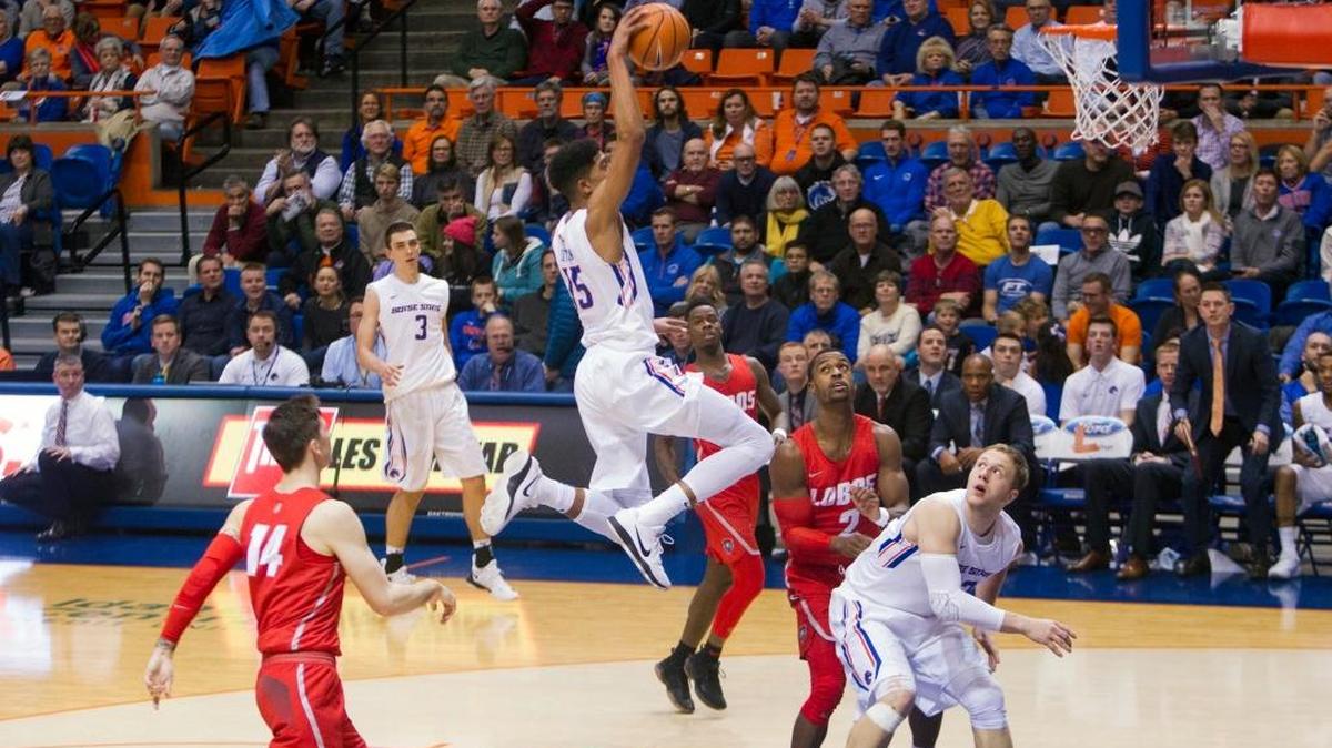 Boise State guard Chandler Hutchison leaps from the top of the key for a dunk against New Mexico during the Broncos’ 90-62 victory over the Lobos Wednesday, Jan. 3, 2018, in Boise, Idaho. Hutchison, the preseason player of the year in the Mountain West Conference is averaging 18.1 points per game.