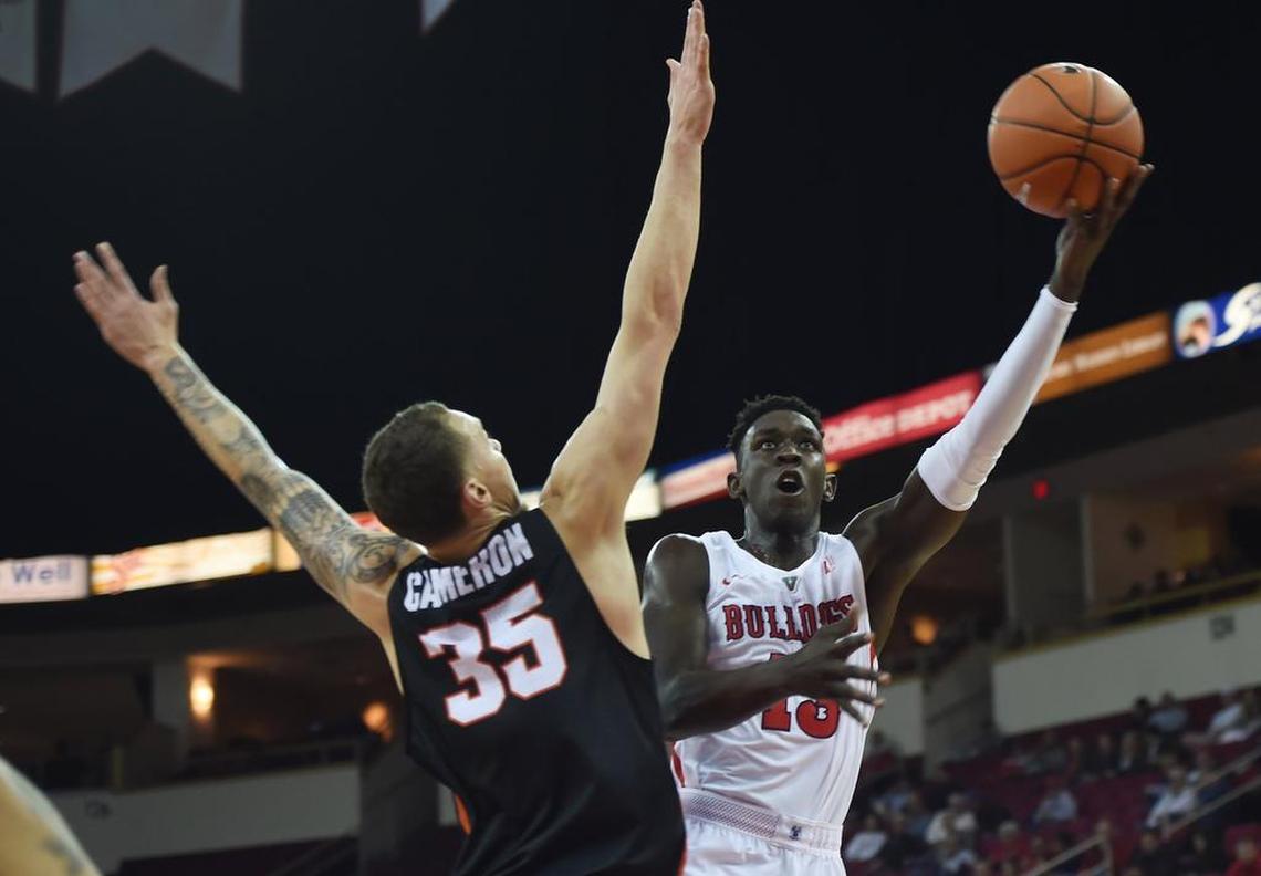 Fresno State’s Aguir Agau drives to the basket and Tennessee-Martin Saturday, Dec. 22, 2018 at the Save Mart Center. Agau hit 6 of 7 shots and scored a career-high 13 points in the Bulldogs’ 93-53 victory.