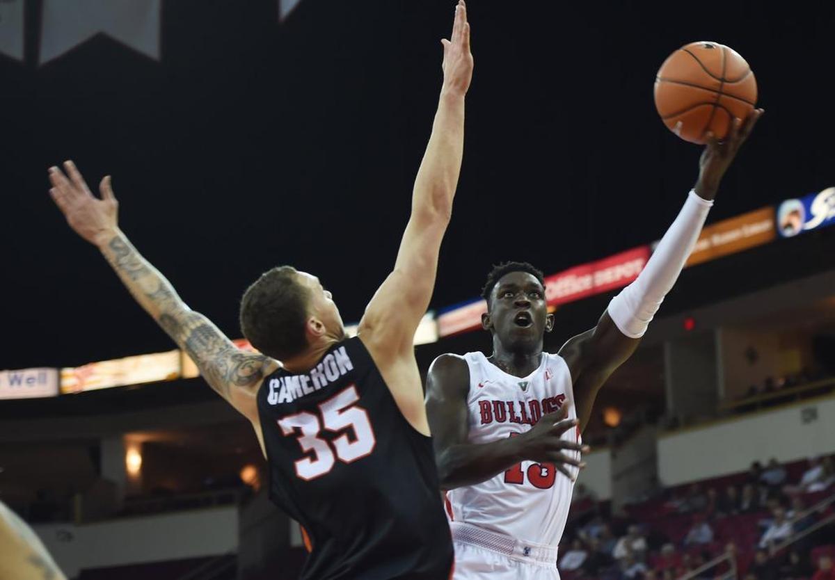 Fresno State’s Aguir Agau, pictured in action eariler this season, hit 6 of 7 shots and scored a career-high 13 points in the Bulldogs’ 93-53 victory over Tennessee-Martin Saturday, Dec. 22, 2018 at the Save Mart Center. The freshman also had five rebounds, one assist and one steal.