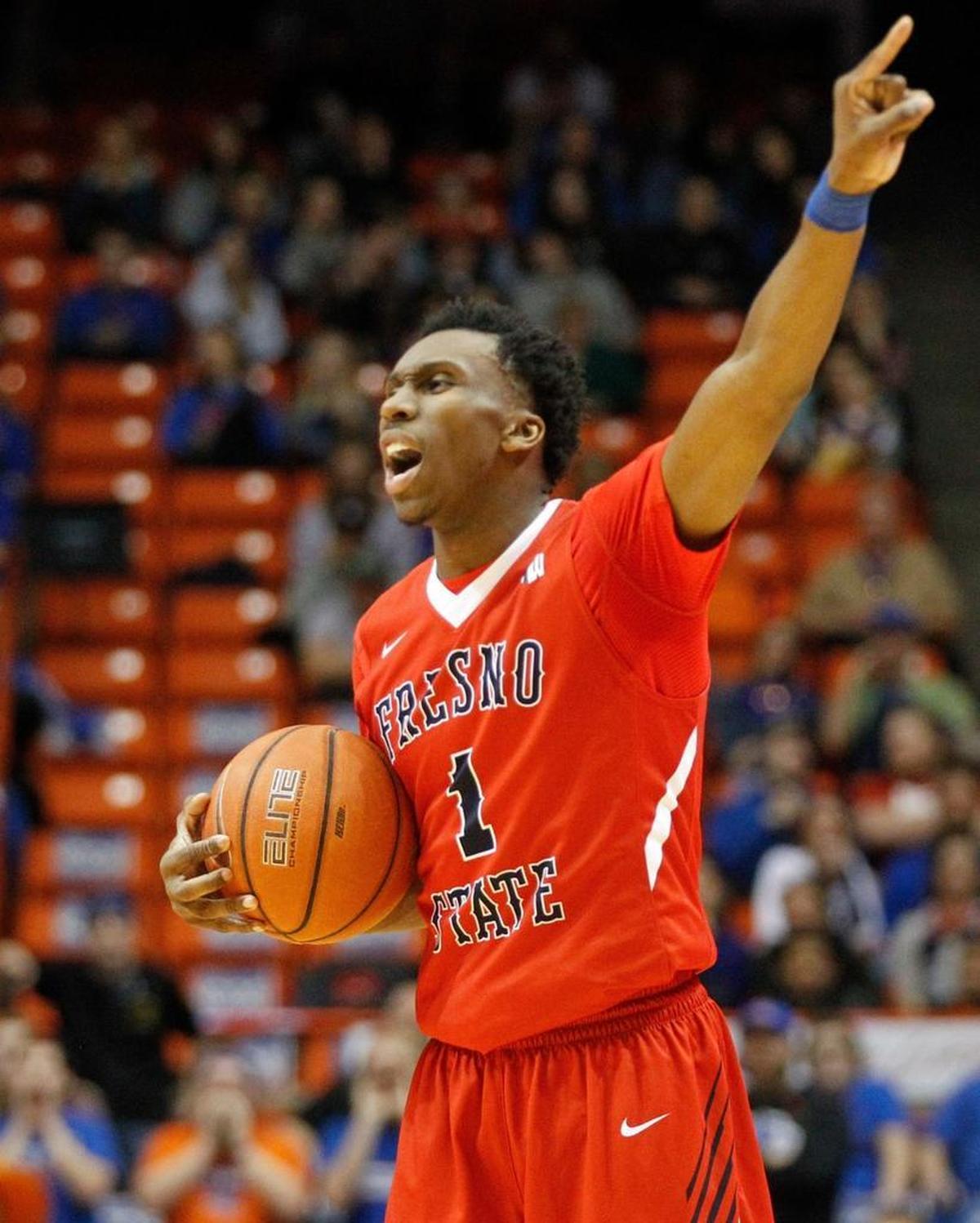 Fresno State point guard Jaron Hopkins was the primary defender on Wyoming guard Justin James in the Bulldogs’ 80-62 victory at the Arena-Auditorium in Laramie, Wyo., on Saturday, Feb. 3, 2018. James, the fourth-leading scorer in the Mountain West Conference at 19.1 points per game, hit only 3 of 10 shots and scored nine points.