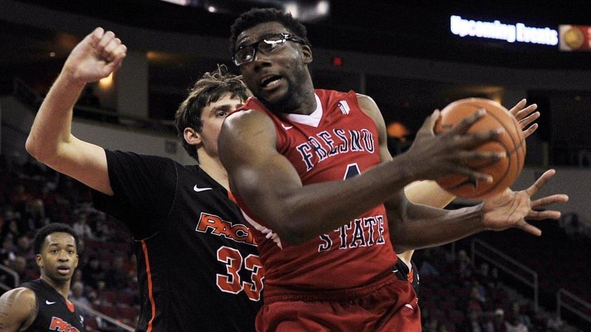 Fresno State’s Karachi Edo, right, shown in this Dec. 12 file photo, led the Bulldogs with a double-double in Sunday’s rout over NAIA school Pacific Union.