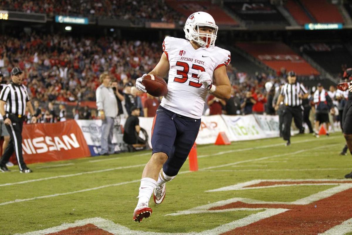 Fresno State running back Josh Hokit scores on a 26-yard touchdown run during the Bulldogs’ 27-3 victory over San Diego State in San Diego on Oct. 21, 2017. Hokit rushed for three touchdowns in the game and has seven rushing touchdowns this season on only 54 carries.