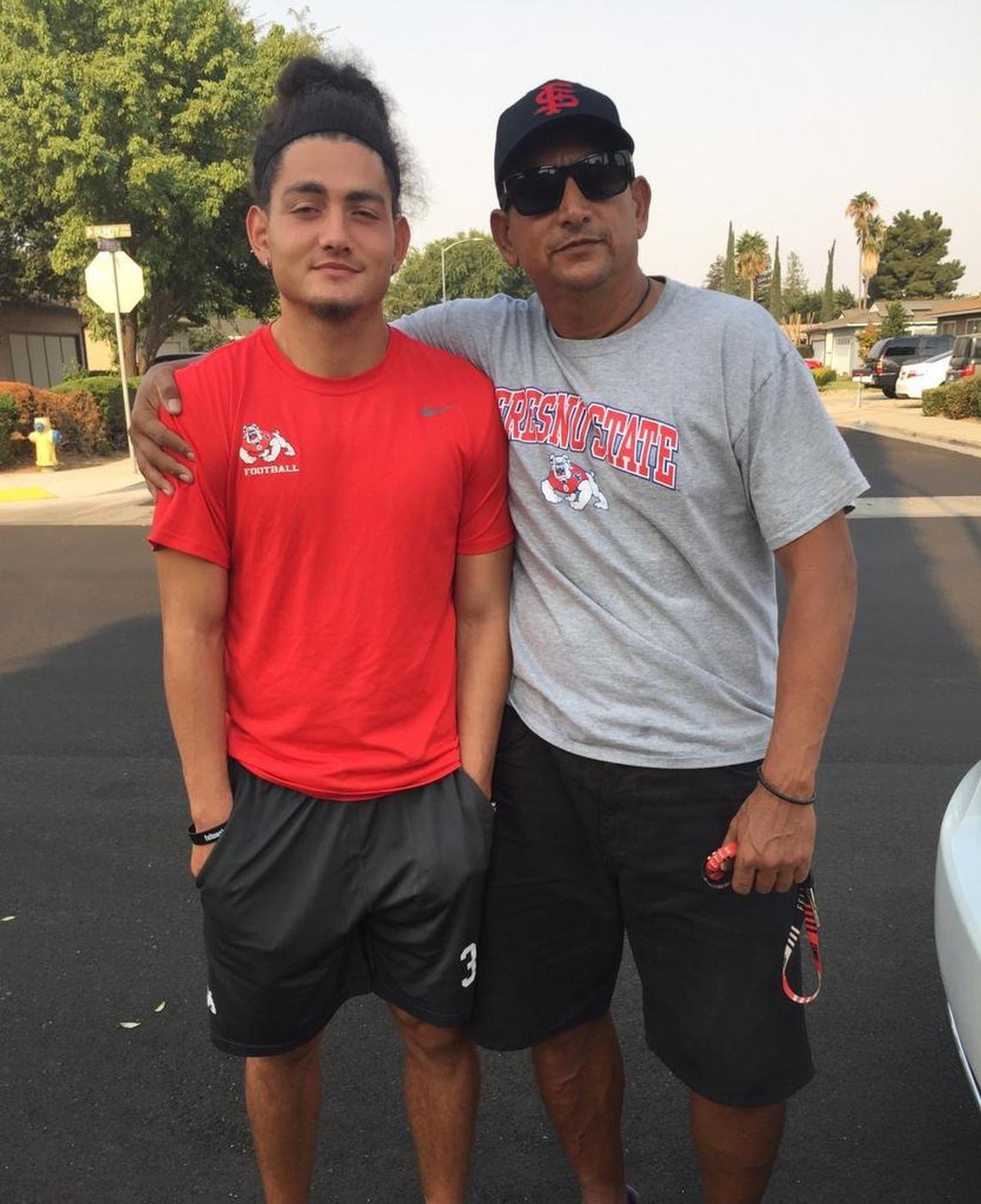 Fresno State kicker Jimmy Camacho with his father, Sergio Camacho.