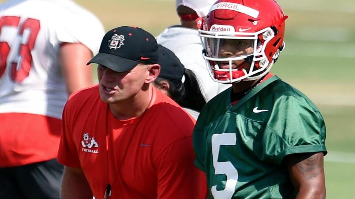Fresno State offensive coordinator Kalen DeBoer and quarterback Chason Virgil know they’ll see a much more challenging defense in the team’s second scrimmage of fall camp Aug. 12, 2017.