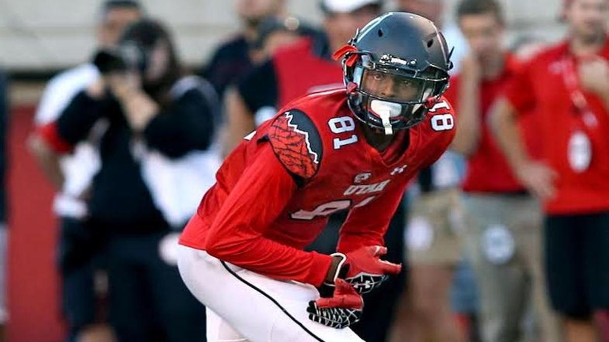 
Utah wide receiver Tyrone Smith lines up to play Utah State on Sept. 11. The former Edison High star makes his return to Fresno on Saturday when the Utes face Fresno State at Bulldog Stadium.
