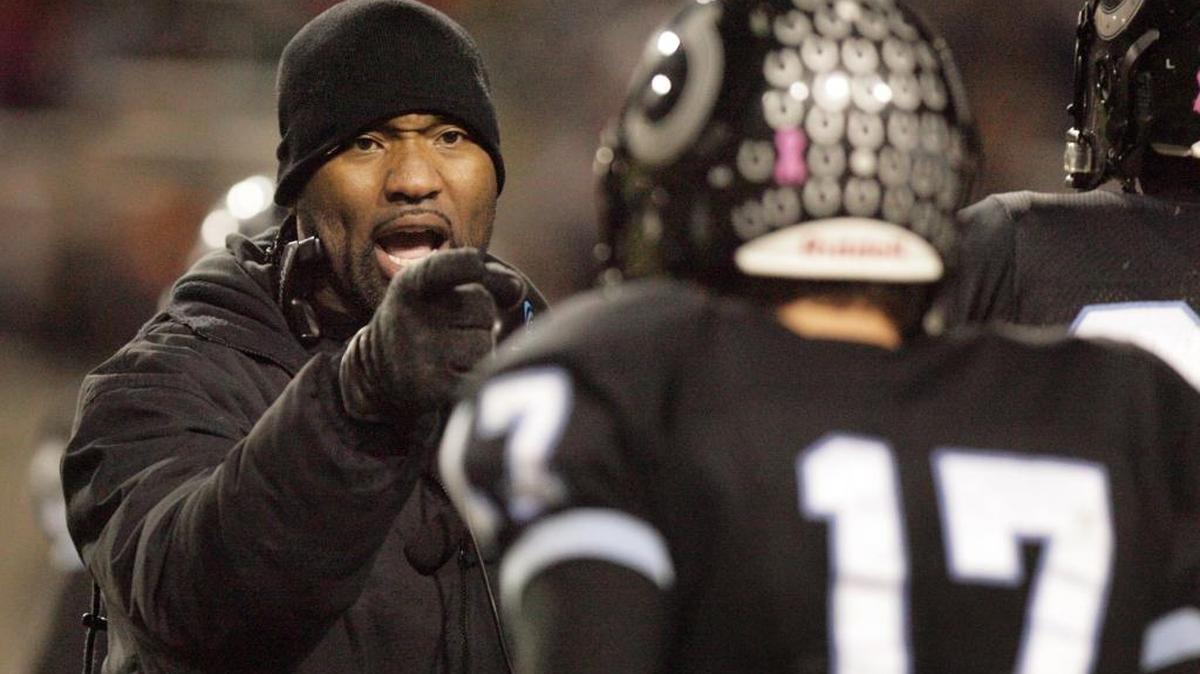 Cory Hall talks to his Clovis North High School players during the Broncos’ run to the 2012 Central Section Division 1 football championship. Monday, Oct. 9, 2017, Hall was named interim head coach at Oregon State.
