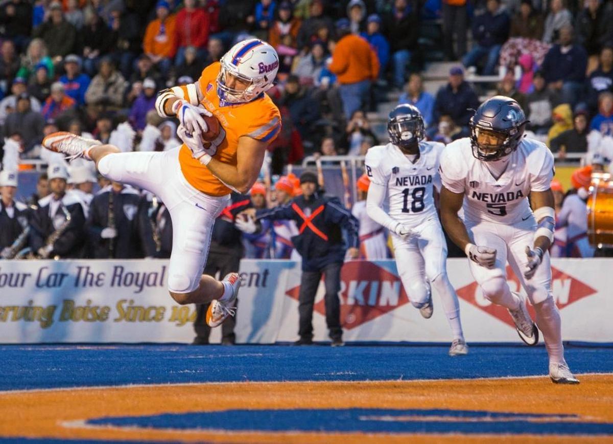 Boise State tight end Jake Roh (88) makes a diving catch into the end zone while defended by Nevada defensive back Dameon Baber (5) in the Broncos’ 41-14 victory on Saturday, Nov. 4, 2017, at Albertsons Stadium in Boise, Idaho. Roh has nine touchdown receptions this season, most in the nation for a tight end.