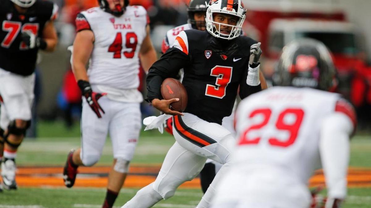 Oregon State quarterback Marcus McMaryion (3) makes his way through the Utah defense in the second half of an NCAA college football game in Corvallis, Ore., on Saturday, Oct. 15, 2016. Utah won 19-14. (AP Photo/Timothy J. Gonzalez)