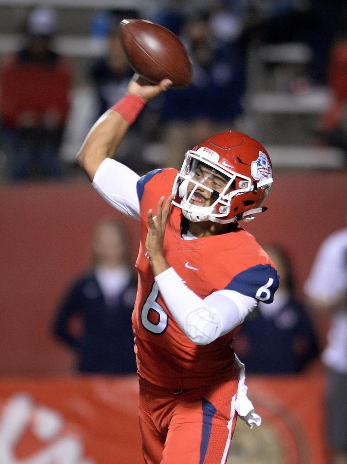 Fresno State quarterback Marcus McMaryion fires a pass in a 20-13 victory over Brigham Young at Bulldog Stadium on Nov. 4, 2017. McMaryion has completed 61.1 percent of his passes this season for 2,384 yards with 14 touchdowns and just four interceptions.