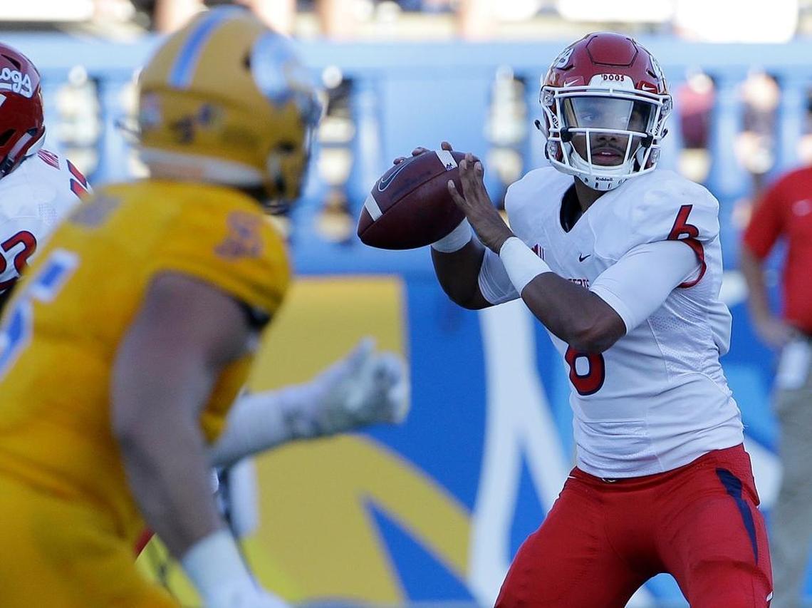 Fresno State quarterback Marcus McMaryion passes against San Jose State on Saturday, Oct. 7, 2017. McMaryion, in his second start for the Bulldogs, completed 15 of 26 passes for 136 yards.