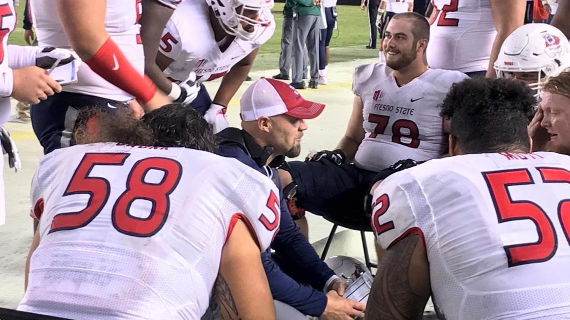 The Fresno State Bulldogs’ offensive line meets with assistant coach Ryan Grubb late in a 27-3 victory over San Diego State at SDCCU Stadium in San Diego on Oct. 21, 2017. The Aztecs went in leading the Mountain West in total defense, but the Bulldogs’ line did not allow a tackle for loss for the first time in a game since 2011. Fresno State also rushed for 199 yards, averaging 5.2 yards per play.