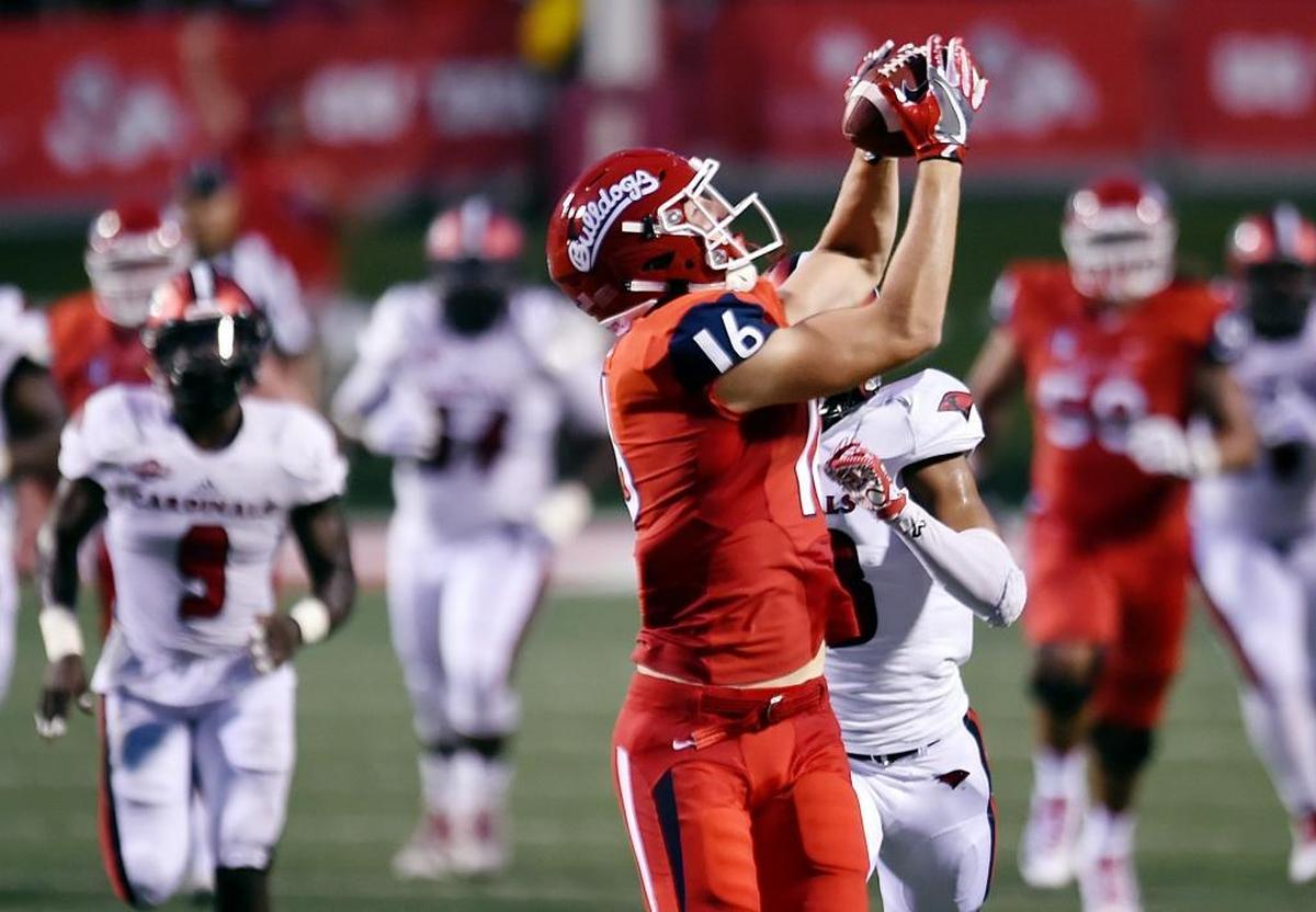 Fresno State tight end Jared Rice catches a pass against Incarnate Word during the season-opener. Rice and the Bulldogs will try to take advantage of a struggling Nevada pass defense in the Mountain West Conference opener for both teams on Saturday, Sept. 30, 2017. Thee Wolf Pack is 127th of 130 in the nation in passing defense, allowing 339.5 yards per game.