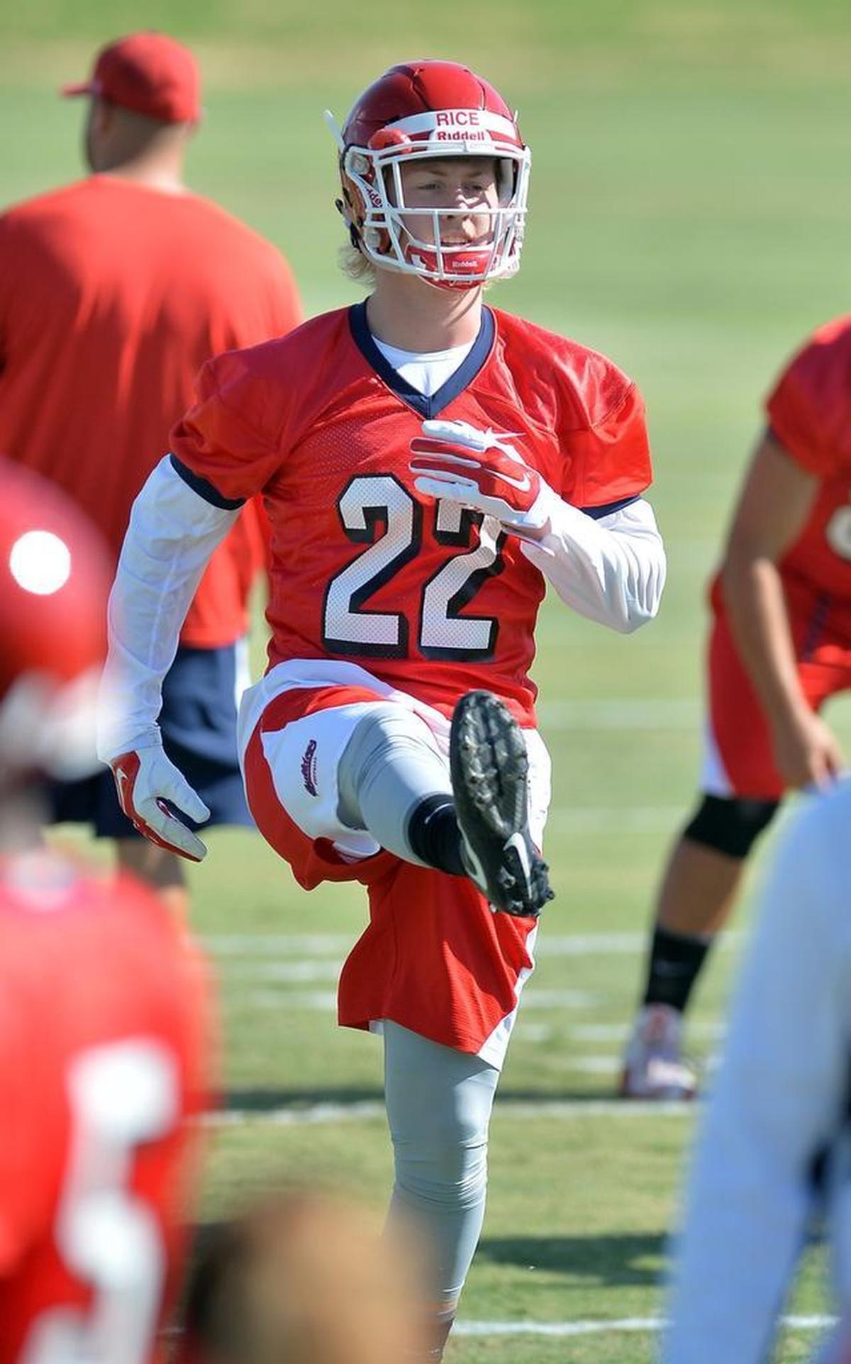Justin Rice warms up on the first day of Fresno State’s football team fall camp Thursday, Aug. 4, 2016 in Fresno. Rice played running back as a freshman, then moved to safety in the spring and to Sam linebacker in fall camp. He is No. 2 on the depth chart for a game on Saturday at No. 6 Washington.