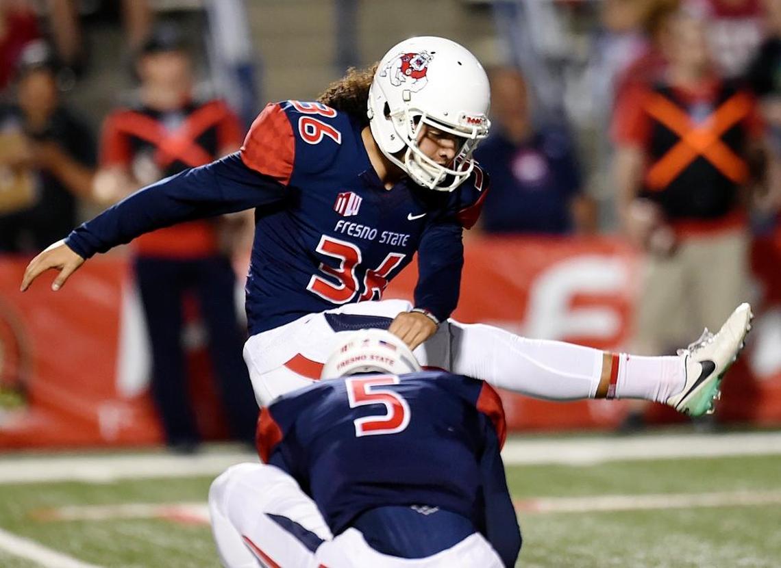 Fresno State kicker Jimmy Camacho makes an extra point kick in a 26-16 loss to UNLV Saturday, Oct. 28, 2017 at Bulldog Stadium. Camacho, a senior, has hit 19 of 23 field goals this season, including a career-long 50-yarder in a victory at San Jose State.