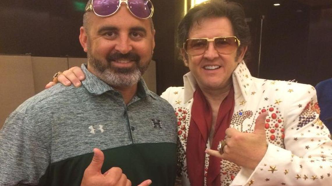 Hawaii football coach Nick Rolovich hired this Elvis Presley impersonator for two hours at $350 per hour to follow him around the Cosmopolitan during this week’s Mountain West Conference Football Summit.